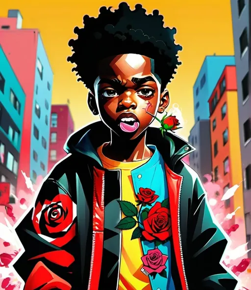 Prompt: High-quality illustration of a stylish black kid with a bomb , holding a rose in mouth, urban setting with vibrant colors, detailed facial features, anime style, explosive jacket, rose in mouth, urban setting, vibrant colors, detailed facial features, highres, ultra-detailed, anime, vibrant, stylish, detailed facial features, urban setting