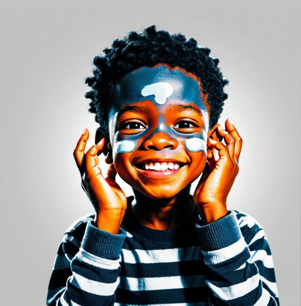 Prompt: Illustration of a smiling black boy putting his fingers in his ears 