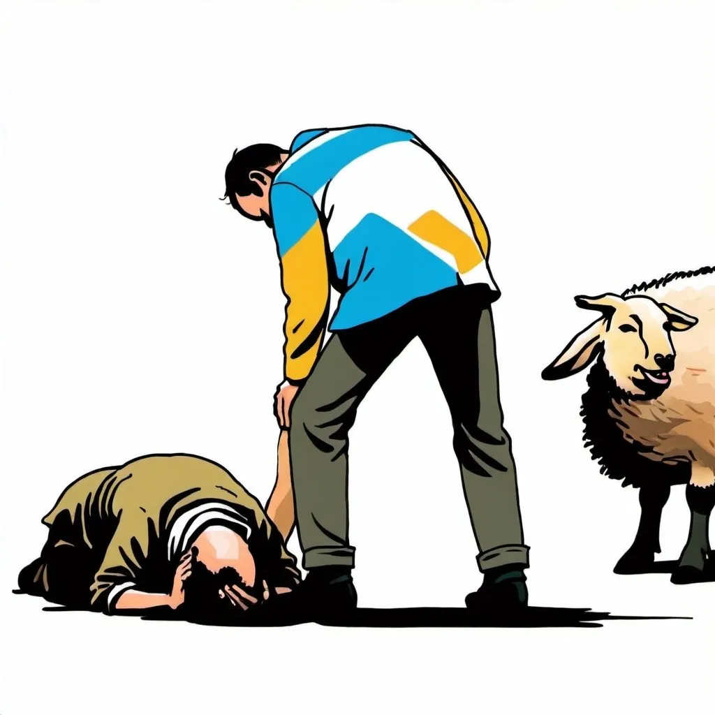 Prompt: Illustration of a man having his head down in front of a shepherd 