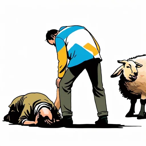 Prompt: Illustration of a man having his head down in front of a shepherd 