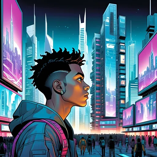 Prompt: Illustration of a young black man's face on a big screen on a big building on the center and diverse ethnicity crowd looking at the screens on buildings, crowd in the foreground, vibrant and detailed dystopic atmosphere, diverse ages, high-tech building displays, faces in screen building, dynamic Bd comics style, crowd's intense gaze, futuristic urban setting, diverse ethnicity, intense lighting, professional, detailed, vibrant, futuristic, dystopic, dynamic Bd comics, diverse crowd, urban setting