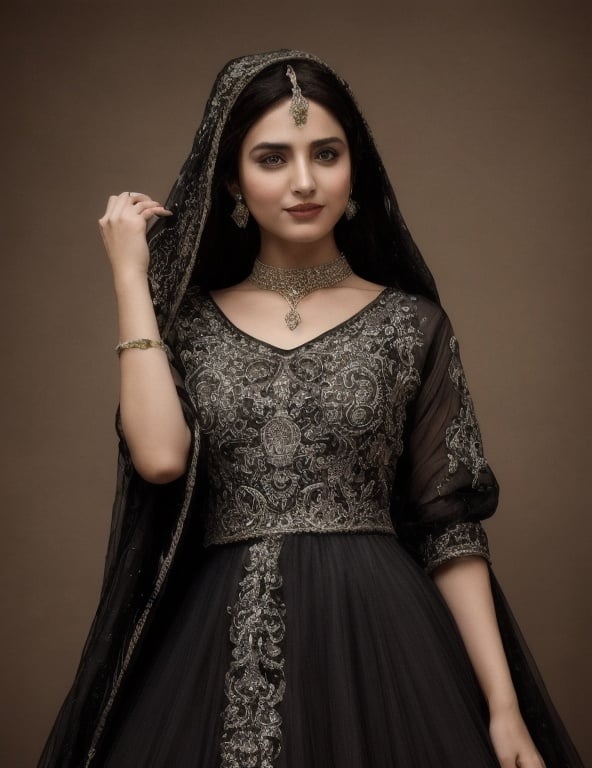 Prompt: A high resolution photo of A kashmiri beautiful lady. transparent black gown.