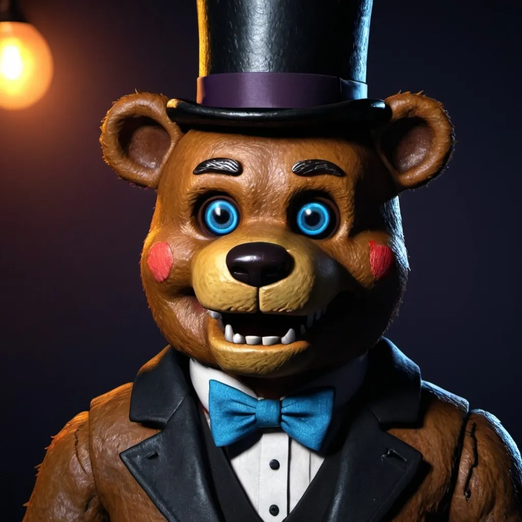 Prompt: (3D illustration) of Freddy Fazbear animatronic bear, (70s dark fantasy art), wearing a (black) bowtie and (black) top hat, atmospheric colorful lighting, vintage color palette with deep, rich shadows, hauntingly detailed background of a (80s) pizzeria, ultra-detailed textures, furry textured appearance, striking bright blue eyes, ominous ambiance, eclectic elements of decay, eerie yet captivating scene, memorable nostalgia.