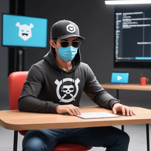 Prompt: Create a male animated avatar  who wearing a mask and long sleeve t-shirt with cap and gauges like a hacker the mana should sit on a chair only the top part is seen while the other part is covered by tables on YouTube studio and ready for presenting a YouTube videos