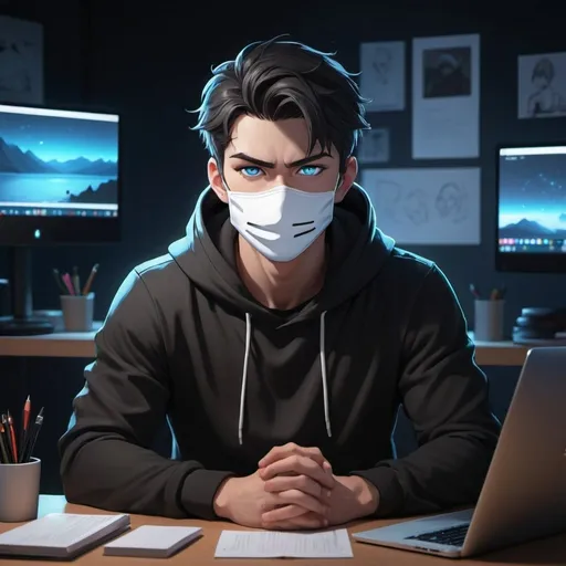 Prompt: anime-friendly looking male business character, handsome and smart, good face wearing a white face mask, a black hoodie. Sitting behind his laptop in his office, arms on his desk. It is night. The room has volumetric neon lighting. Front-facing to the camera, looking straight and centered. Central portrait, audio mike on the desk and near his mouth. Face size about 1/3 of the image size. Sitting straight, front view, centered looking straight. The overall ambiance of the image should convey a connection to minimalism, flat illustration, bold line, minimalism, simplified, gouache illustration. 8K resolution.

Also, design a beautiful wall for a YouTube studio with a good blue light setup. It has a small bookshelf on the left-hand side with a few books and some tech gadgets on a table with a table lamp, fan, AC, and a TV 📺 with a big screen playing anime. Make it facing a camera at right angles 