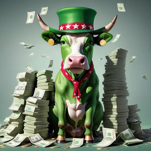 Prompt: green cow counting piles of cash standing like a human with a hat on

