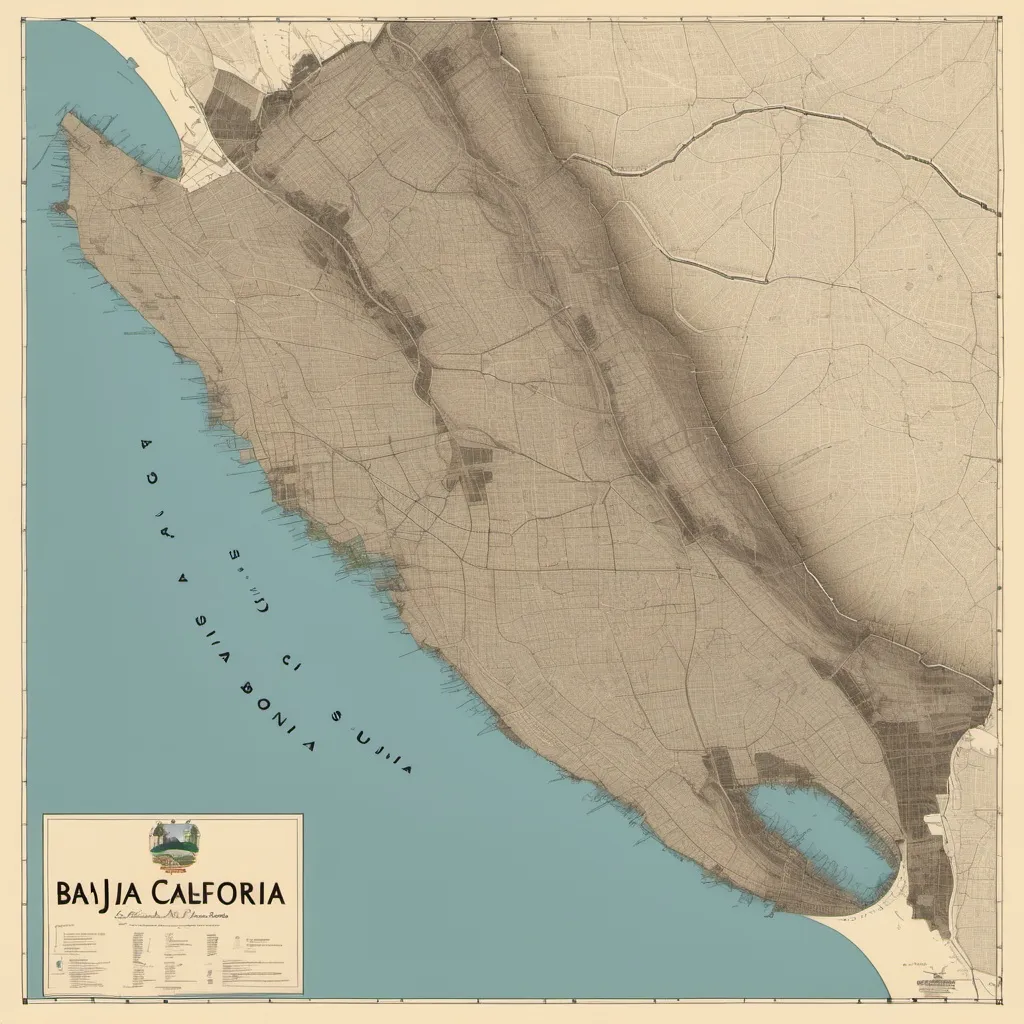 Prompt: Un mapa de Baja California Sur con división urbana, calles, avenidas, boulevard, parques, en todo el territorio de la peninsula