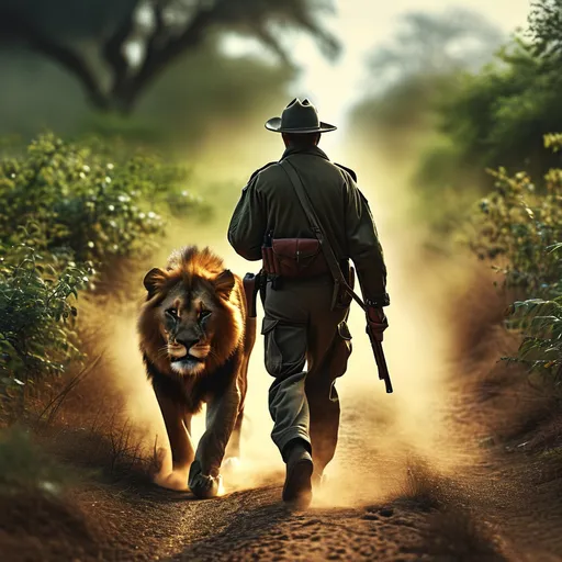 Prompt: photorealistic, (art photography), a man in uniform, walking a lion, a gun in one hand, a rifle in the other hand, down a dusty path, surrounded by vibrant greenery, HD quality, wildlife setting, intense gaze, dramatic natural lighting, juxtaposition of strength and grace, meticulous detailing, captivating composition, stock photo quality, embodies courage, a striking moment in nature.