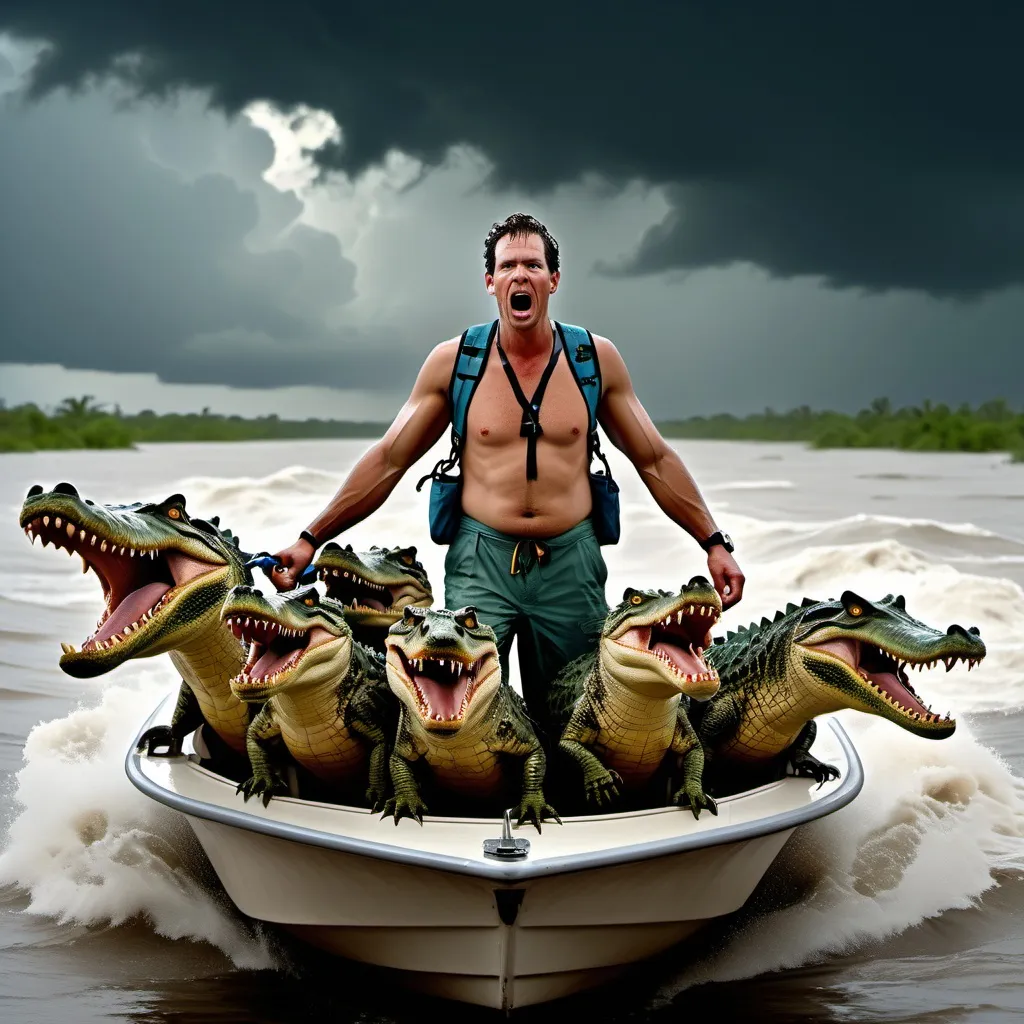 Prompt: A Florida man standing confidently on a small boat wearing beach attire, holding onto a harness and being pulled by eight crocodiles swimming through choppy waters. The sky is overcast with dark storm clouds, and heavy rain is pouring down. The scene captures a mix of chaos and humor, with the crocodiles looking determined and the Florida man wearing casual beach attire. The crocodiles are not inside the boat.