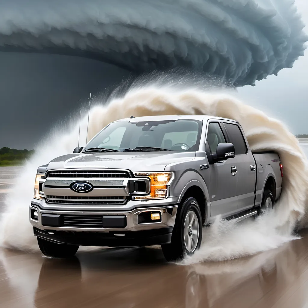 Prompt: A dirty 2019 silver Ford F150 supercrew pickup truck outrunning an extreme hurricane