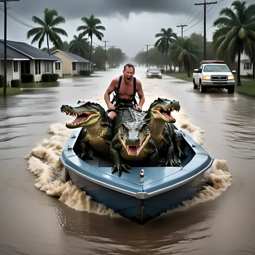 Prompt: A Florida man being dragged on a small boat wearing beach attire, holding onto a harness and being pulled down a flooded street by eight crocodiles swimming through choppy waters. The sky is overcast with dark storm clouds, and heavy rain is pouring down. The crocodiles are not inside the boat.