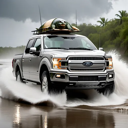 Prompt: A dirty 2019 silver Ford F150 supercrew pickup truck outrunning an extreme hurricane with crocodiles in the bed and fishing poles hanging out the windows and corona on the dashboard