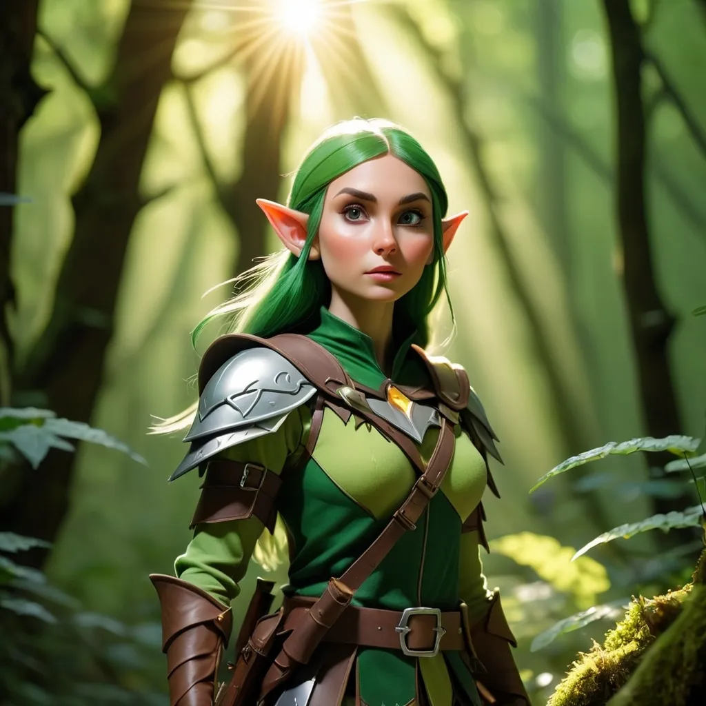 Prompt: Elf ranger in a mystical forest around sunlight