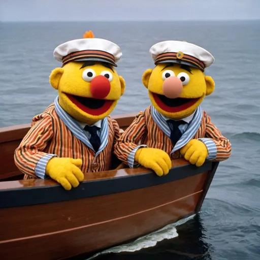 Prompt: Ernie and Bert from Sesame Street in a lifeboat  on the Titanic 