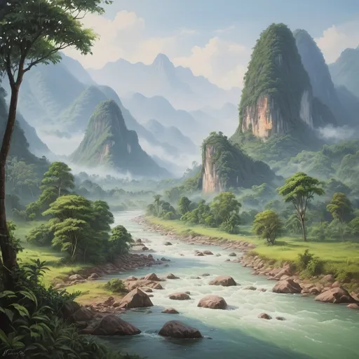 Prompt: Scenic landscape of Laos, misty mountain view, flowing river, lush greenery, serene atmosphere, high quality, realistic painting, natural beauty, tranquil river, majestic mountains, misty atmosphere, vibrant greenery, peaceful setting, detailed foliage, serene color tones, realistic lighting