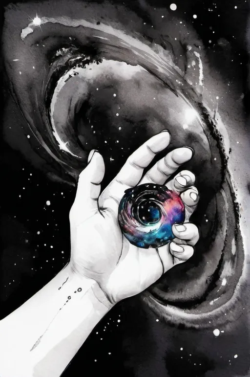 Prompt: (galaxy creation), a hand emerging from darkness, (black background), (black hole at center of hand), dazzling stars and cosmic dust swirling in vibrant colors, (ethereal light emanating from the galaxy), atmospheric and mysterious vibe, intricate details of the hand, ultra-detailed, 4K.