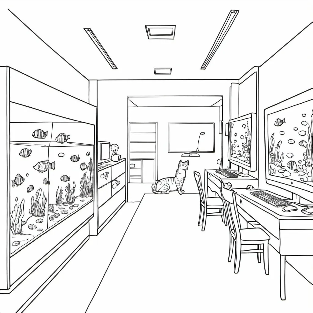 Prompt: A gaming room on the left of the room there is a table with computer screens, on the right there is an aquarium with fish, on the lower left side of the room there is a bed and 4 cats