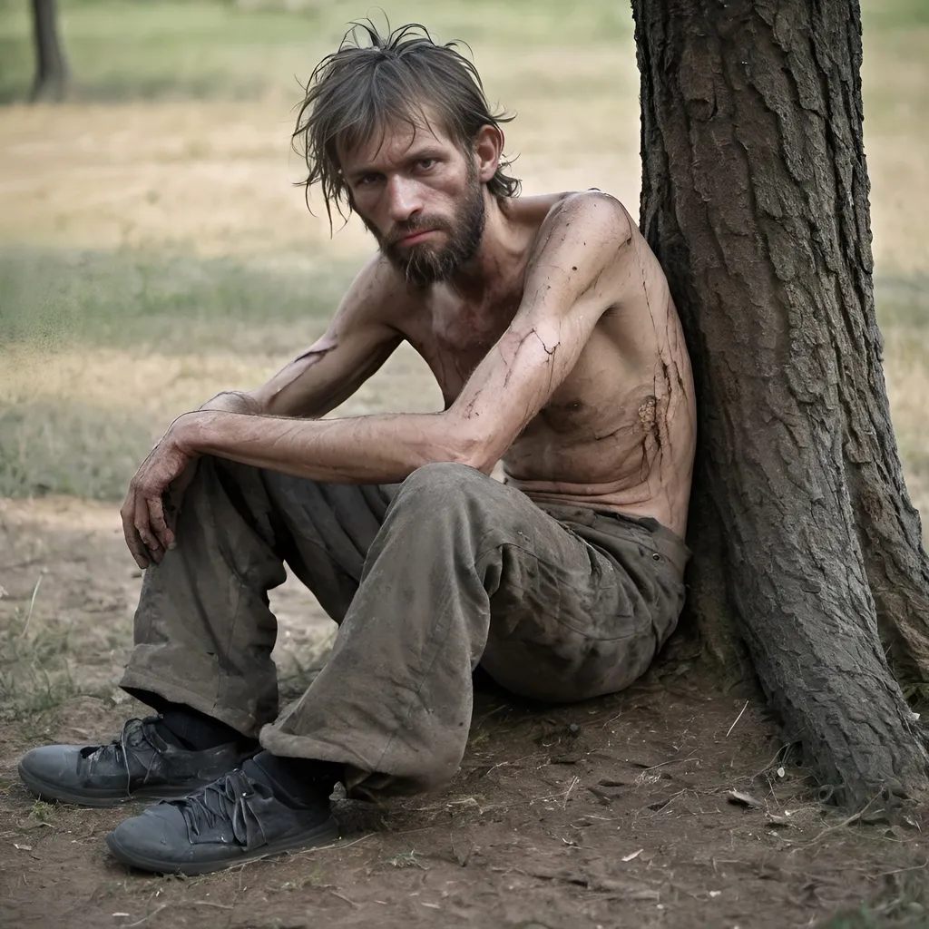 Prompt: A young primitive man, disheveled, very thin, with disheveled hair and beard, heavily soiled, injured, weak, sick, sitting on the ground, leaning against a tree.