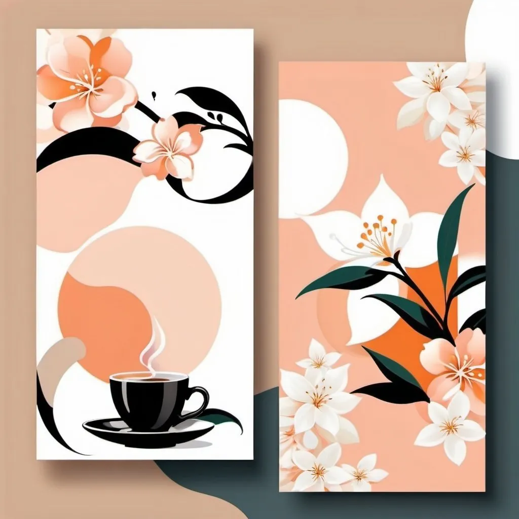 Prompt: i want abstract style poster design ,Visual elements: Abstract peach and jasmine patterns, combined with the aroma of Earl Gray tea, present the soft taste of coffee and the elegant atmosphere of floral fragrance.