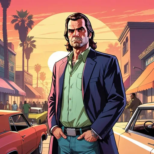 Prompt: GTA V cover art, long hair man on the vintage market at sunset, cartoon illustration