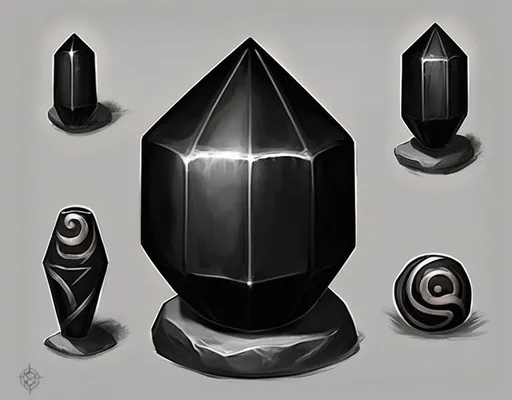 Prompt: The understone, is an almost cylindrical gemstone, obsidian black and shadowy in nature. Eldritch forces are tied to it. Inside is a monster waiting to be let out, hidden behind its perpetual blackness. Its a small gemstone located in an underground tomb, bounded by a sacred forbidden ritual with runic symbols in a circle around its perimeter.