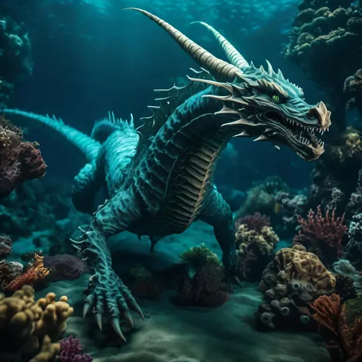 Prompt: beautiful Deepsea photograph of most captivating fictional Dragon, extremely detailed ocean floor environment and background, intricate, sharp focus, natural underwater colors , photorealism