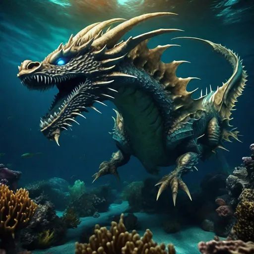 Prompt: beautiful Deepsea photograph of most captivating fictional Dragon, extremely detailed ocean floor environment and background, intricate, sharp focus, natural underwater colors , photorealism