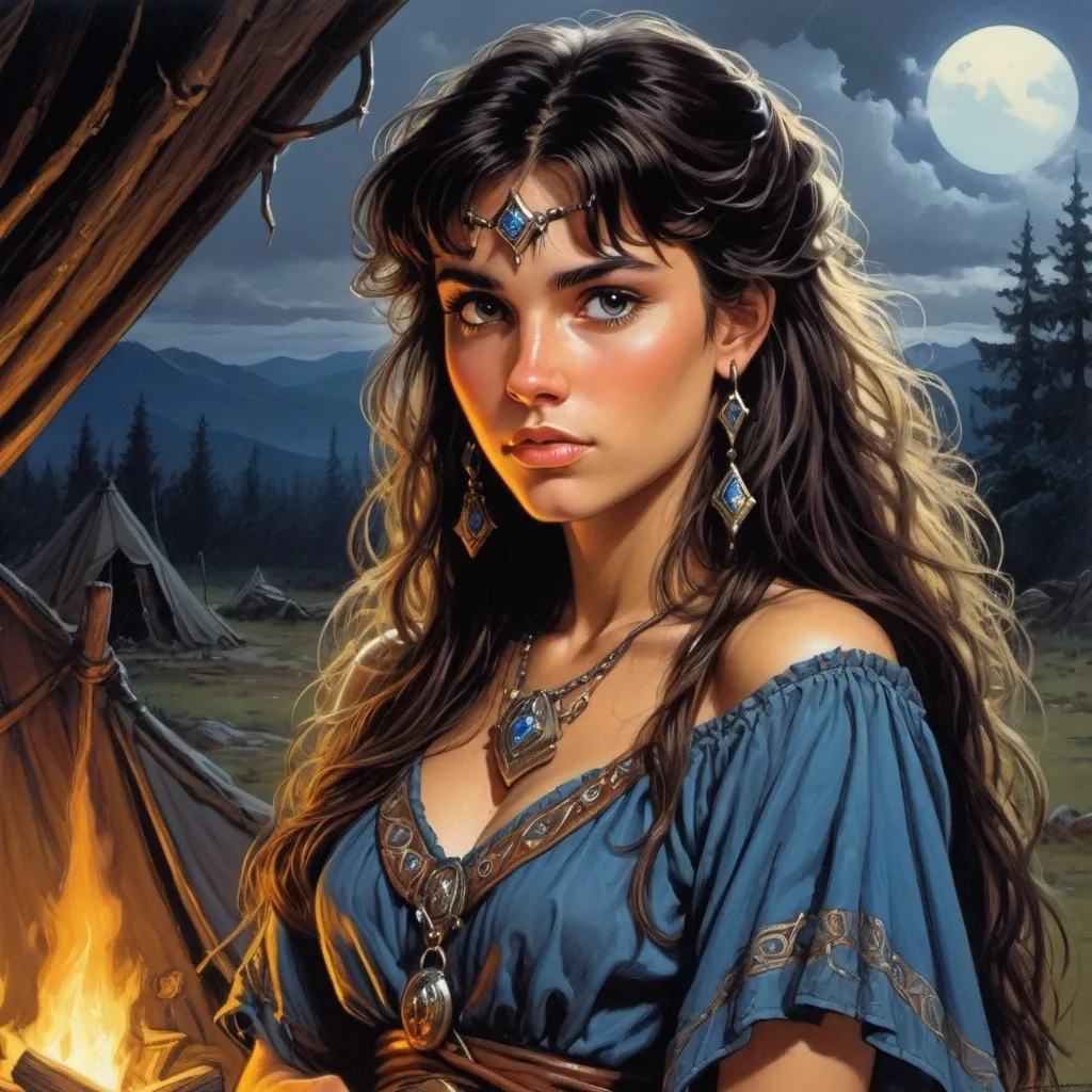 Prompt: style of 1988 Dungeons & Dragons, style of 1985 DragonLance, by Clyde Caldwell, 16bit color, close up, a pretty young gypsy maiden, in a fantasy gypsy camp, cloudy night, dark atmosphere,