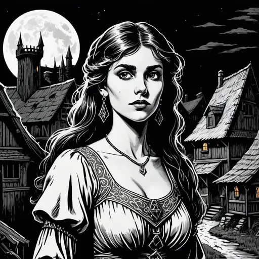 Prompt: style of 1981 Dungeons & Dragons, style of 1983 Ravenloft, by David A. Trampier, woodcut, 1bit bw, close up, isolated on white, a pretty young gypsy maiden, in a fantasy village, cloudy night,