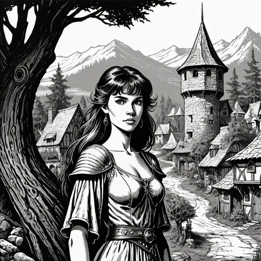 Prompt: style of 1981 Dungeons & Dragons, style of 1985 DragonLance, by David A. Trampier, woodcut, 1bit bw, close up, isolated on white, a pretty young maiden, in a fantasy village,