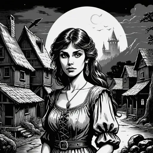 Prompt: style of 1981 Dungeons & Dragons, style of 1983 Ravenloft, by David A. Trampier, woodcut, 1bit bw, close up, isolated on white, a pretty young gypsy maiden, in a fantasy village, cloudy night,