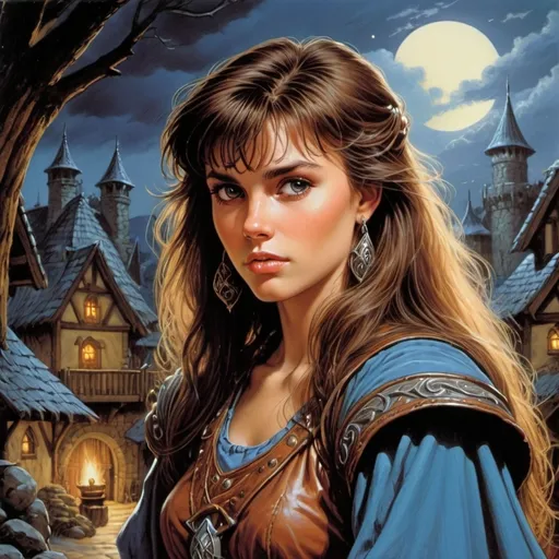 Prompt: style of 1988 Dungeons & Dragons, style of 1985 DragonLance, by Clyde Caldwell, 16bit color, close up, a pretty young maiden, in a fantasy village, cloudy night, dark atmosphere,