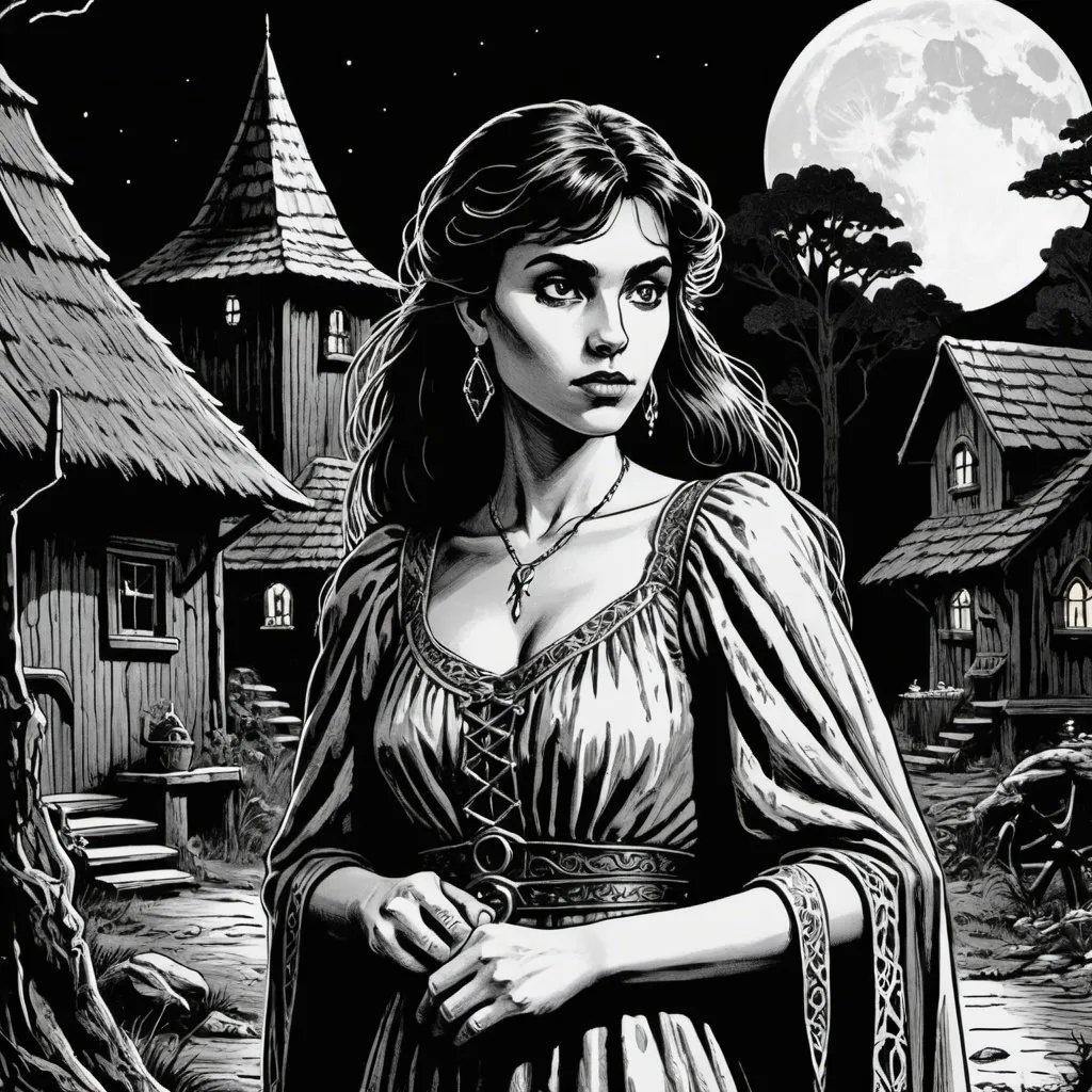 Prompt: style of 1981 Dungeons & Dragons, style of 1983 Ravenloft, by David A. Trampier, woodcut, 1bit bw, close up, isolated on white, a pretty young gypsy maiden, in a fantasy village, cloudy night,