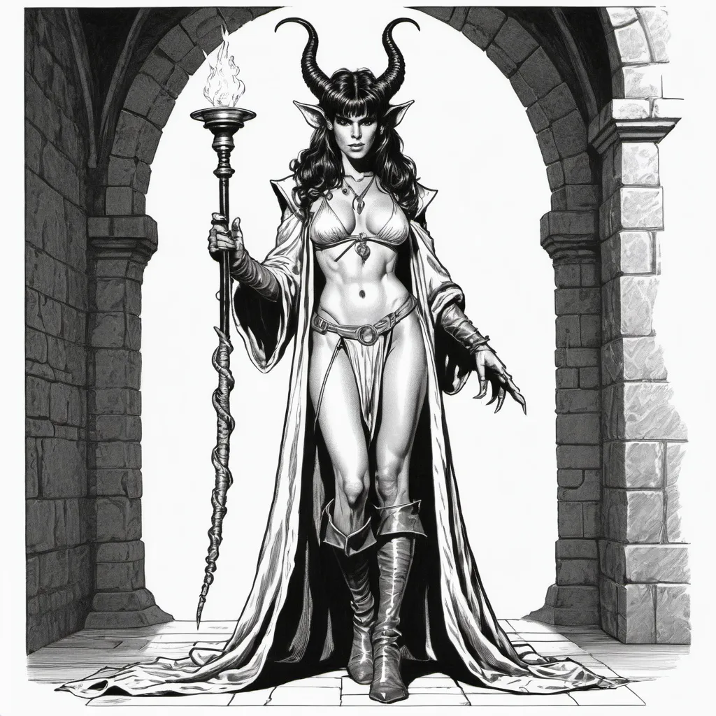 Prompt: vintage ink line art, a tiefling sorceress, full body, 1bit bw, visible cross-hatching, isolated on white, style of 1984 Dungeons and Dragons, by Larry Elmore,