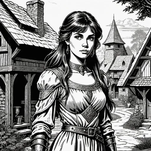 Prompt: style of 1981 Dungeons & Dragons, style of 1985 DragonLance, by David A. Trampier, woodcut, 1bit bw, close up, isolated on white, a pretty young maiden, in a fantasy village,