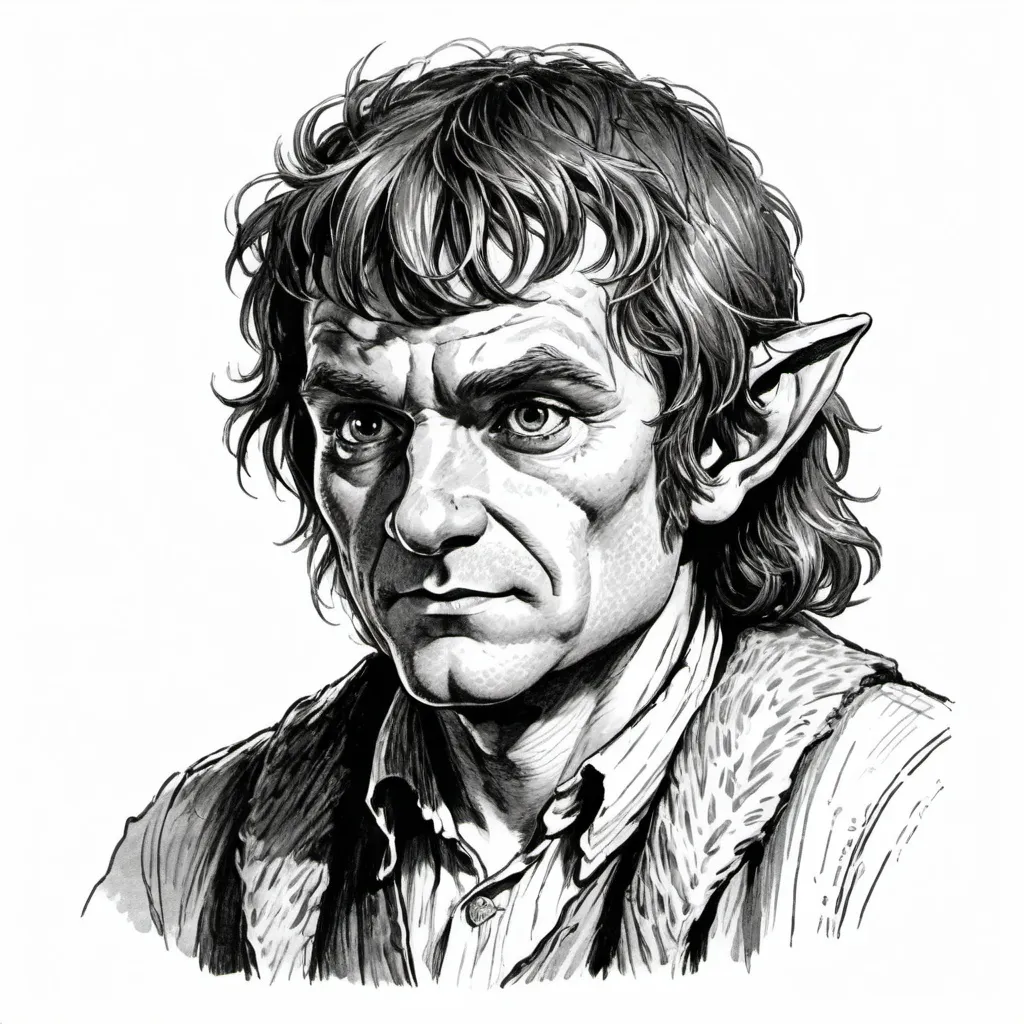 Prompt: vintage ink sketch, a hobbit, half body, 1bit bw, visible cross-hatching, isolated on white, style of 1980 Dungeons and Dragons, by Erol Otus,