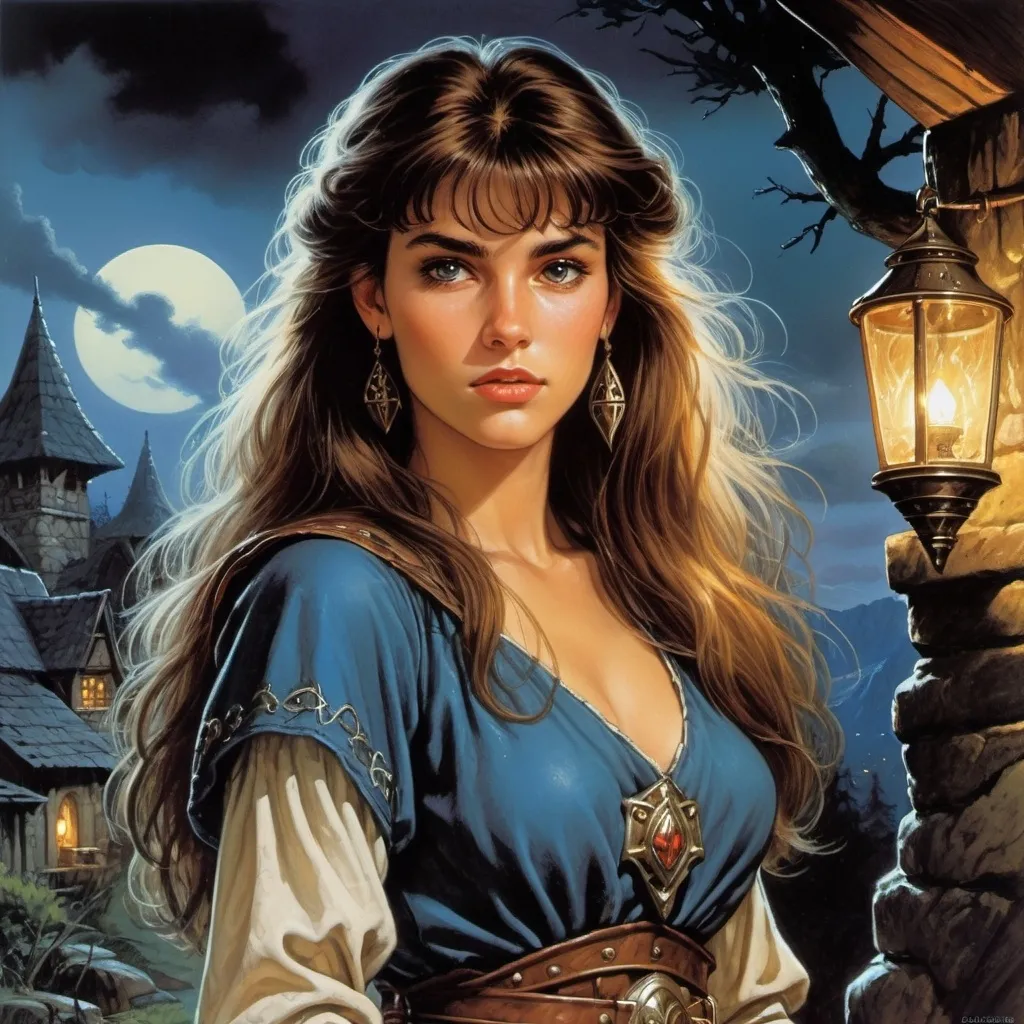 Prompt: style of 1988 Dungeons & Dragons, style of 1985 DragonLance, by Clyde Caldwell, 16bit color, close up, a pretty young maiden, in a fantasy village, cloudy night, dark atmosphere,