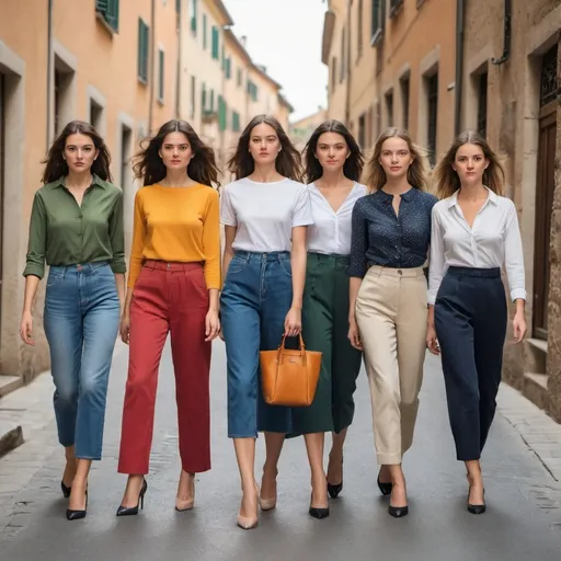 Prompt: immagine di 7 donne, con sette stili di abbigliamento differenti