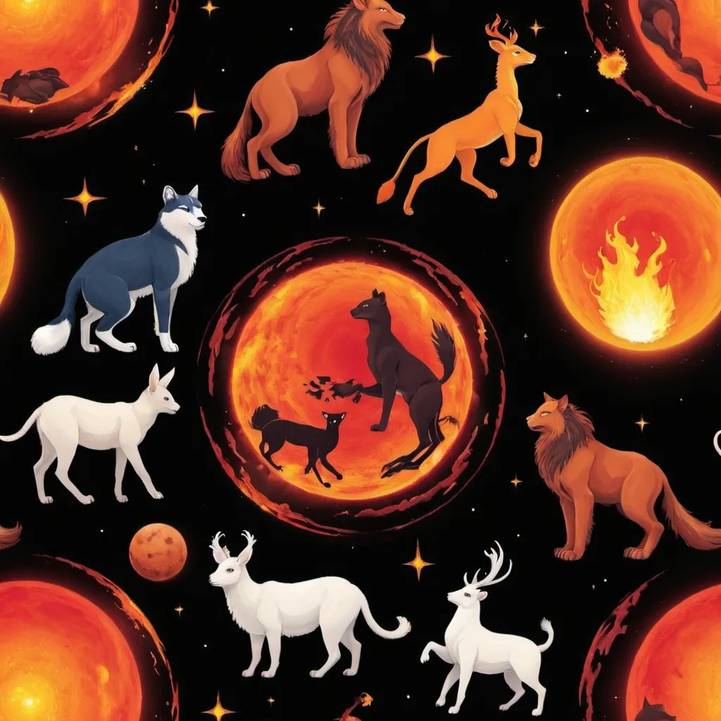 Prompt: fire planet and animals