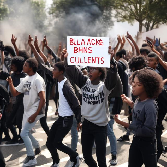 Prompt: Black student holding blank white sign with students fighting in background