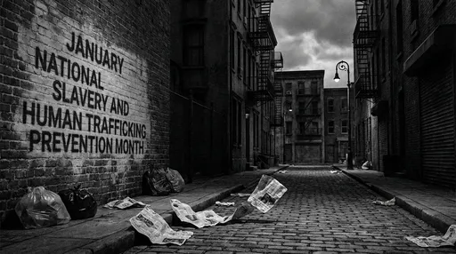 Prompt: Dark Black and White City Scene in a Dead End. A few trash papers blowing around. In Foreground, Graffitti on a wall saying "January National Slavery and Human Trafficking Prevention Month".
