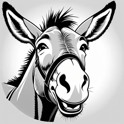 Prompt: Black and white, donkey face with sweat band, bold lines, high contrast, cartoon, clipart, funny, goofy 