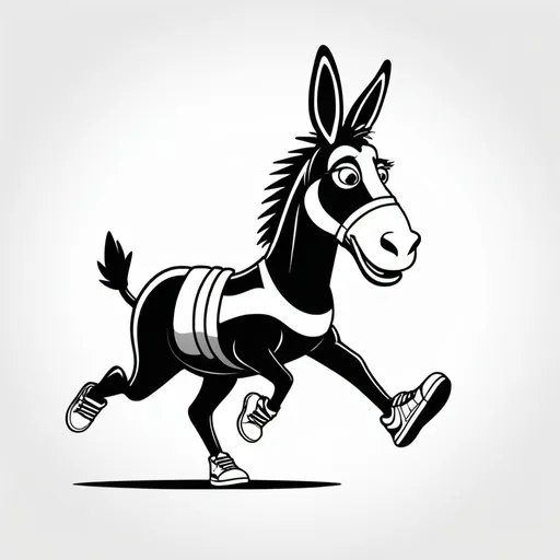 Prompt: Black and white, running cartoon donkey with sneakers, bold lines, high contrast, cartoon, clipart