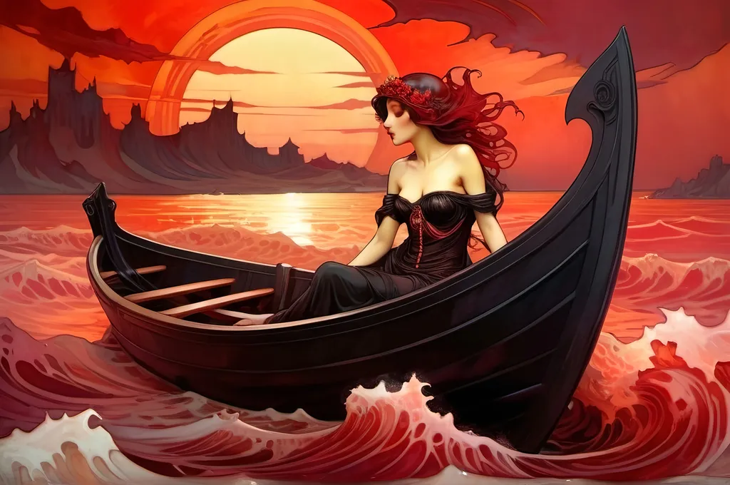 Prompt: A black boat on a red sea of blood during sunset. Masterpiece, horror atmosphere