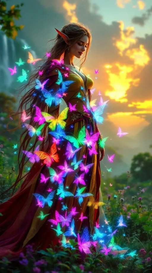 Prompt: (((Dark fantasy art, hyperdetailed, bleeding colors, beautiful))) a elven girl standing in a lush green meadow. She is dressed in beautiful, contrasting red and yellow colors. She is smiling. Her arms are disintegrating into bright neon pink,green, blue butterflies. Sunset, waterfall 