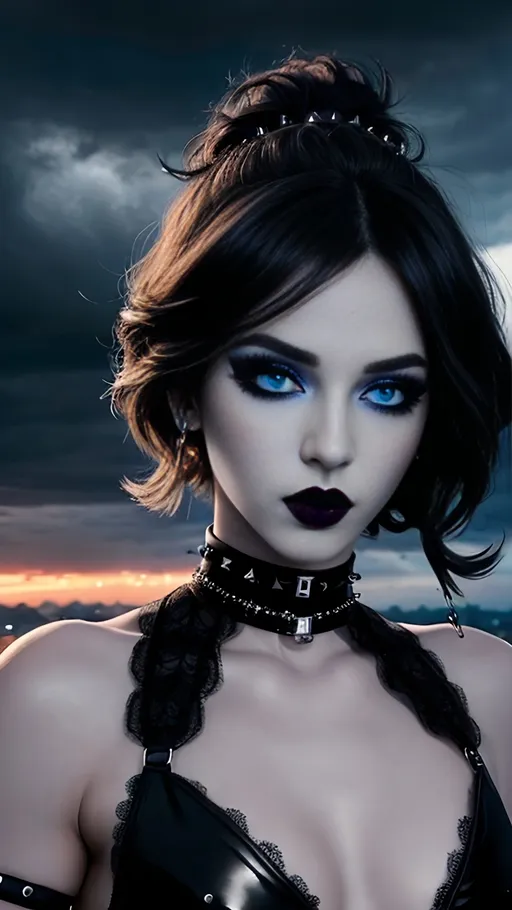 Prompt: Emo femboy, black lipstick, black eyeliner, long eyelashes, blue eyes, studded choker, big lips, long nose,bare shoulders, stormy sky. Masterpiece, perfect face, beautiful, vivid colors, photorealism, portrait