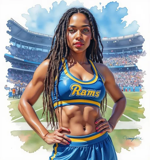 Prompt: A brunette cheerleader posing at a stadium. She has big lips,red lipstick, a beautiful face and green eyes, dreadlocks. Fit, African, muscular body. Blue "Rams" cheerleader outfit (masterpiece, photorealism)