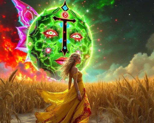 Prompt: (((Dark fantasy art, hyperdetailed, bleeding colors, beautiful))) a blonde haired curvy female with elven features standing in a yellow and red bejeweled dress. She is in the wheat field, a large neon green,red,pink,blue Kaleidoscope face with a giant black glowing symbols is in the background with a red haze around it. White sands, dusk, embers, 3d foreground angels
