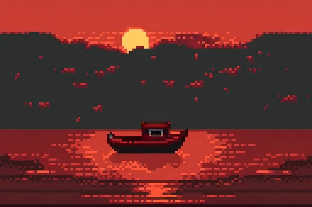 Prompt: A black boat on a red sea of blood during sunset. Masterpiece, horror atmosphere