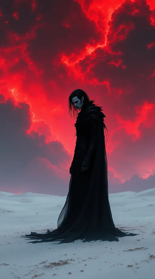 Prompt: (((Dark fantasy art, hyperdetailed, bleeding colors, beautiful))) a dark haired man with gaunt features standing in a black ebony suit. He is in the desert, a large red cloud with a giant black hand is in the background with a red lighting around it. White sands, dusk, embers 